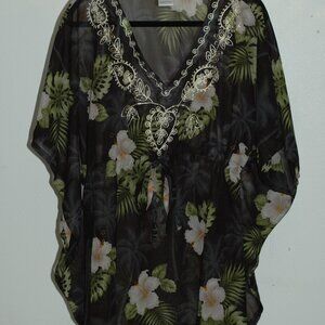 Rima Sheer Black Floral Embroidered Kaftan Tunic Cover-Up OS – Boho Resort Wear
